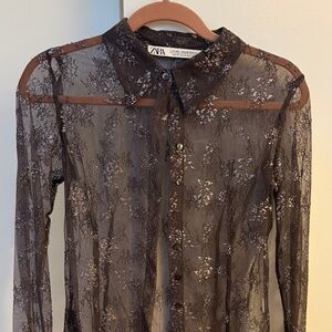 Zara Dark Brown Floral Lace Blouse